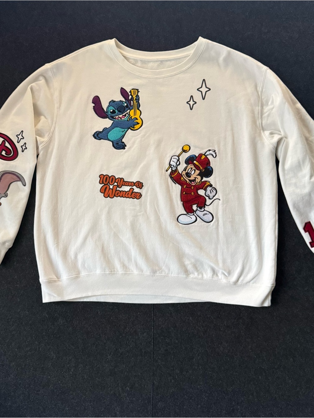 Disney 100 Years White Crewneck Sweatshirt Mickey Dumbo & Stitch Embroidered